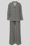 Casual Stripe Buckle Patchwork Contrast Turndown Collar Long Sleeve Two Pieces
