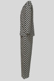 Casual Stripe Buckle Patchwork Contrast Turndown Collar Long Sleeve Two Pieces