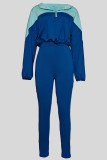 Casual Patchwork Zipper Contrast Zipper Collar Long Sleeve Two Pieces