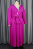 Party Formal Solid Color Patchwork Bow Decor V Neck Pleated Dresses