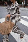 Casual Stripe Buckle Patchwork Contrast Turndown Collar Long Sleeve Two Pieces