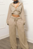 Casual Solid Color Draw String Pocket Patchwork Zipper Zipper Collar Long Sleeve Two Pieces