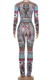 Casual Print Patchwork O Neck Long Sleeve Two Pieces