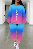 Casual Street Letter Print Gradient Draw String Pocket Contrast O Neck Long Sleeve Two Pieces