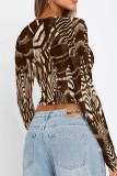 Casual Street Geometric Print Leopard Contrast O Neck Tops
