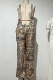 Casual Faux Denim Print Hollow Out Patchwork Zipper Loose Jumpsuits