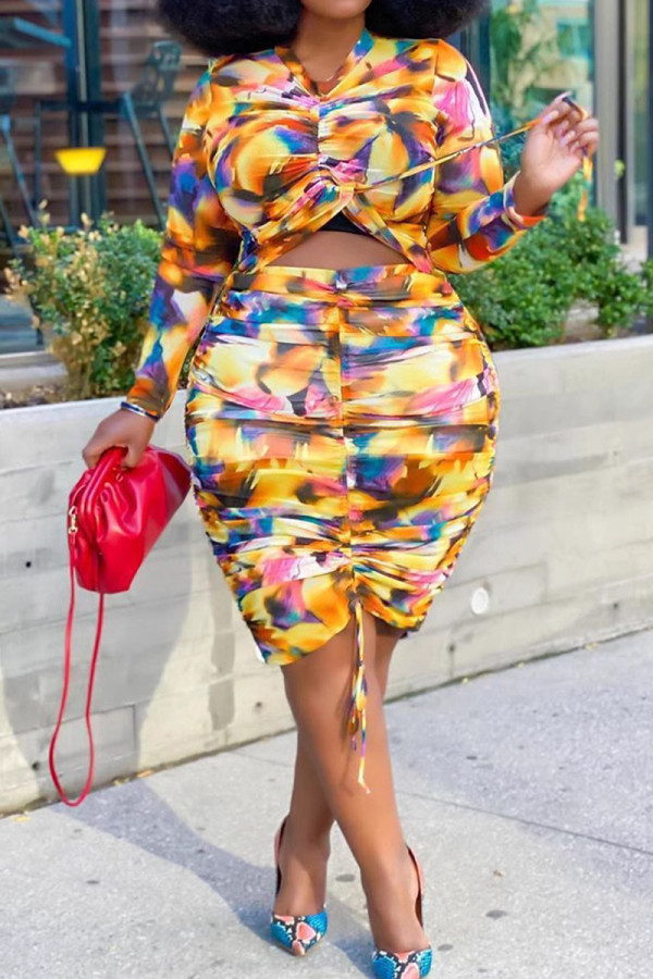Casual Print Draw String Patchwork O Neck Plus Size Two Pieces