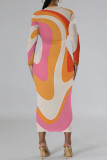 Elegant Geometric Print Contrast O Neck Printed Dresses
