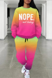 Casual Street Letter Print Gradient Draw String Pocket Contrast O Neck Long Sleeve Two Pieces