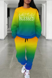 Casual Street Letter Print Gradient Draw String Pocket Contrast O Neck Long Sleeve Two Pieces