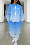 Casual Street Letter Print Gradient Draw String Pocket Contrast O Neck Long Sleeve Two Pieces