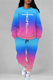 Casual Street Letter Print Gradient Draw String Pocket Contrast O Neck Long Sleeve Two Pieces