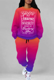Casual Street Letter Print Gradient Draw String Pocket Contrast O Neck Long Sleeve Two Pieces