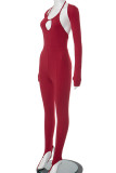 Casual Solid Color Hollow Out Patchwork Strap Design Halter Long Sleeve Two Pieces