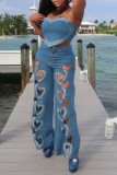 Casual Heart Shaped Hollow Out High Waist Straight Denim Jeans