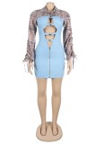 Sexy Hot Patchwork Hollow Out Zipper Turndown Collar Long Sleeve Skinny Denim Dresses