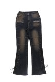 Casual Solid Color Pocket Belted High Waist Regular Denim Jeans