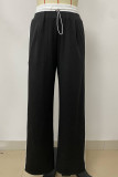 Casual Draw String Pocket Patchwork Contrast Loose Mid Waist Straight Patchwork Bottoms