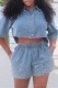Casual Rhinestone Patchwork Turndown Collar Half Sleeve High Waist Regular Denim Tops