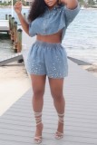 Casual Rhinestone Patchwork Turndown Collar Half Sleeve High Waist Regular Denim Tops