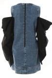 Casual Patchwork Contrast O Neck Long Sleeve Regular Denim Dresses (Removable Sleeves)