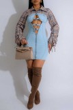 Sexy Hot Patchwork Hollow Out Zipper Turndown Collar Long Sleeve Skinny Denim Dresses