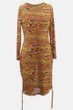 Sexy Stripe Draw String Patchwork O Neck Wrapped Skirt Plus Size Dresses
