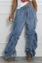 Casual Solid Color Draw String Pocket Patchwork Mid Waist Loose Denim Jeans