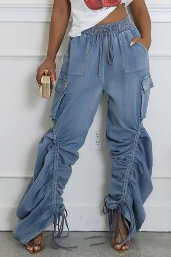 Casual Solid Color Draw String Pocket Patchwork Mid Waist Loose Denim Jeans