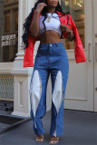 Casual Daily Patchwork Contrast High Waist Boot Cut Denim Jeans