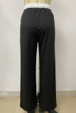 Casual Draw String Pocket Patchwork Contrast Loose Mid Waist Straight Patchwork Bottoms