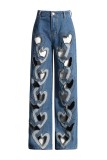 Casual Heart Shaped Hollow Out High Waist Straight Denim Jeans