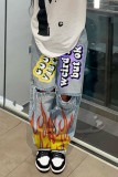 Casual Print Ripped High Waist Regular Denim Jeans