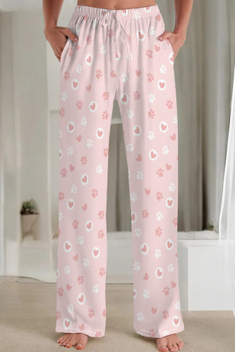 Casual Print Draw String Pocket Patchwork Loose Mid Waist Straight Full Print Bottoms