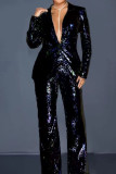 Casual Solid Color Sequins Buttons Patchwork Turndown Collar Long Sleeve Two Pieces