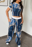 Casual Print Draw String Pocket Patchwork O Neck Short Sleeve Two Pieces