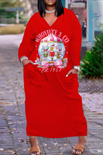 Casual Print Pocket V Neck Long Plus Size Dresses