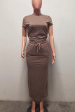 Casual Solid Color Draw String Patchwork Hot Drill O Neck Short Sleeve Two Pieces