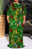 Casual Print Basic Belted O Neck Long Plus Size Dresses