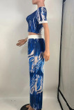 Casual Print Draw String Pocket Patchwork O Neck Short Sleeve Two Pieces