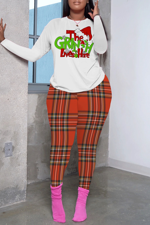 Casual Plaid Letter Print Basic O Neck Long Sleeve Two Pieces