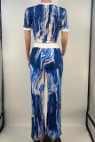 Casual Print Draw String Pocket Patchwork O Neck Short Sleeve Two Pieces