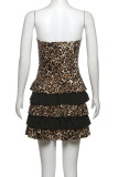 Sexy Leopard Print Hollow Out Patchwork Backless Strapless Printed Dresses