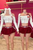 Sexy Letters Hollow Out Patchwork Contrast Asymmetrical Collar Long Sleeve Two Pieces