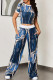 Casual Print Draw String Pocket Patchwork O Neck Short Sleeve Two Pieces
