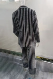 Casual Stripe Patchwork Cardigan Collar Long Sleeve Two Pieces