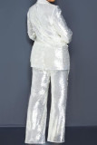 Casual Solid Color Sequins Buttons Patchwork Turndown Collar Long Sleeve Two Pieces
