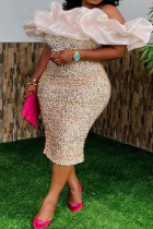 Elegant Sequins Patchwork Backless Slit Off Shoulder Wrapped Skirt Dresses