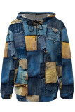 Casual Street Faux Denim Print Draw String Pocket Hooded Tops