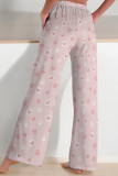 Casual Print Draw String Pocket Patchwork Loose Mid Waist Straight Full Print Bottoms